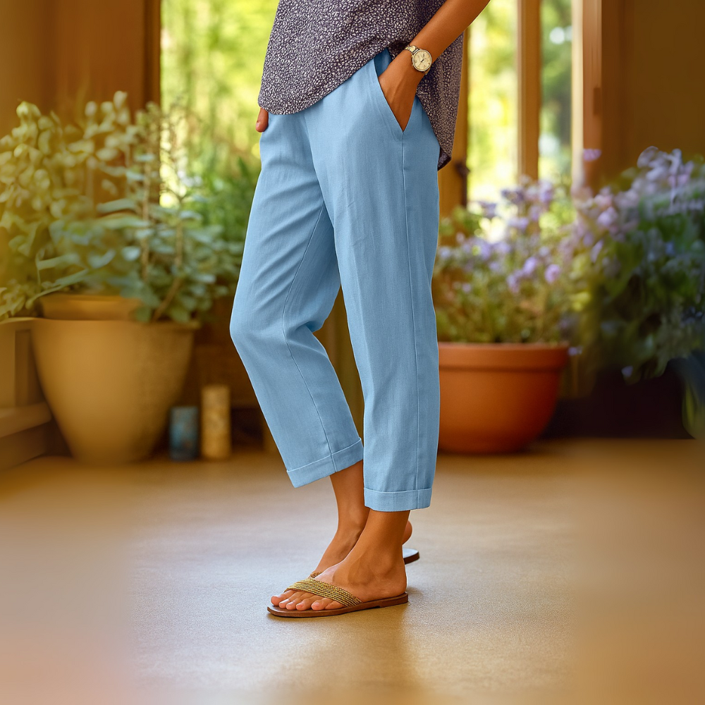 Damen Leinenhose Bequeme Weite Passform Atmungsaktiv Sommer Taschen — Image 5