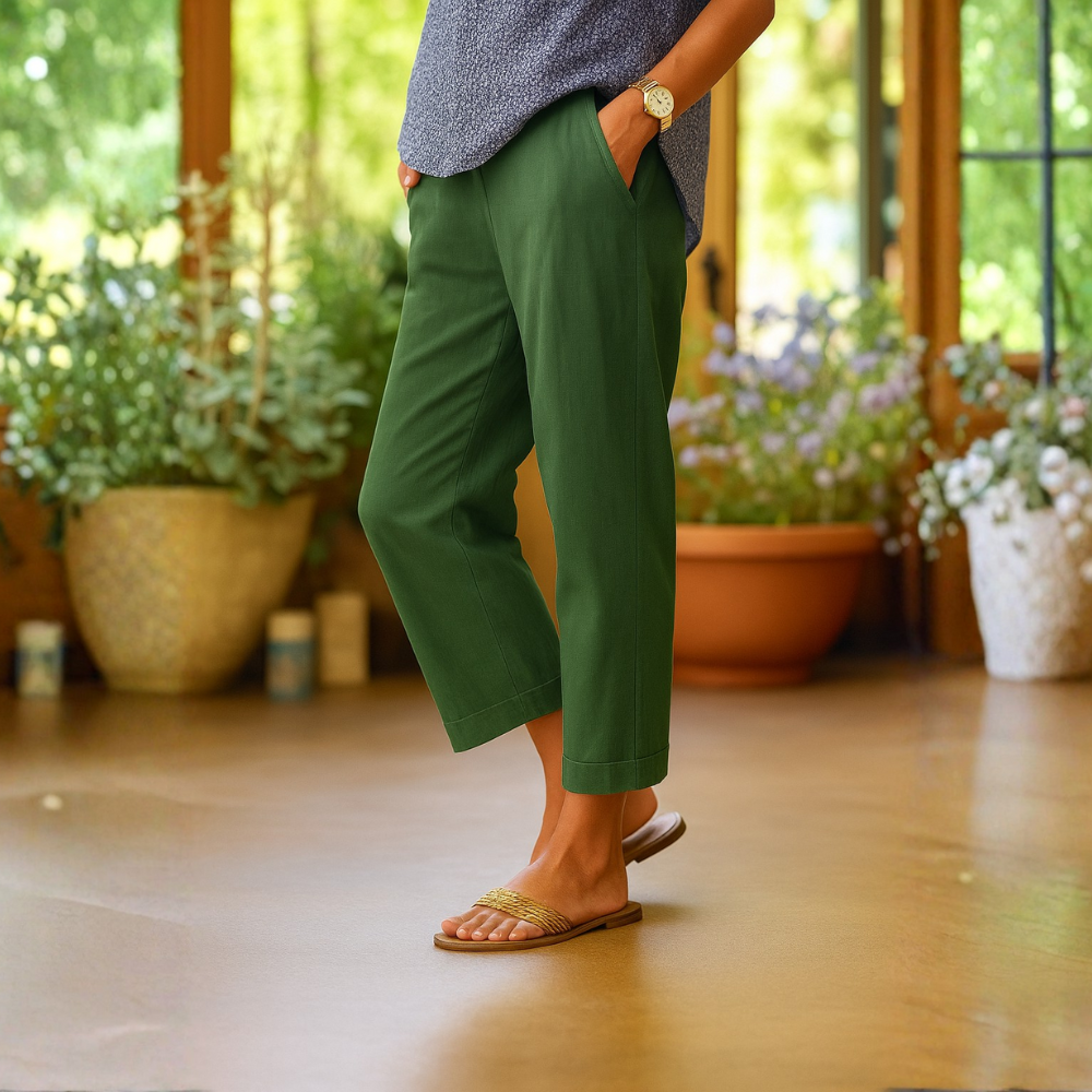Damen Leinenhose Bequeme Weite Passform Atmungsaktiv Sommer Taschen — Image 4