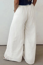Damen Weite Leinenhose Weiß – Elastischer Bund, Kordelzug, Sommer, Freizeit, Urlaub — Image 3