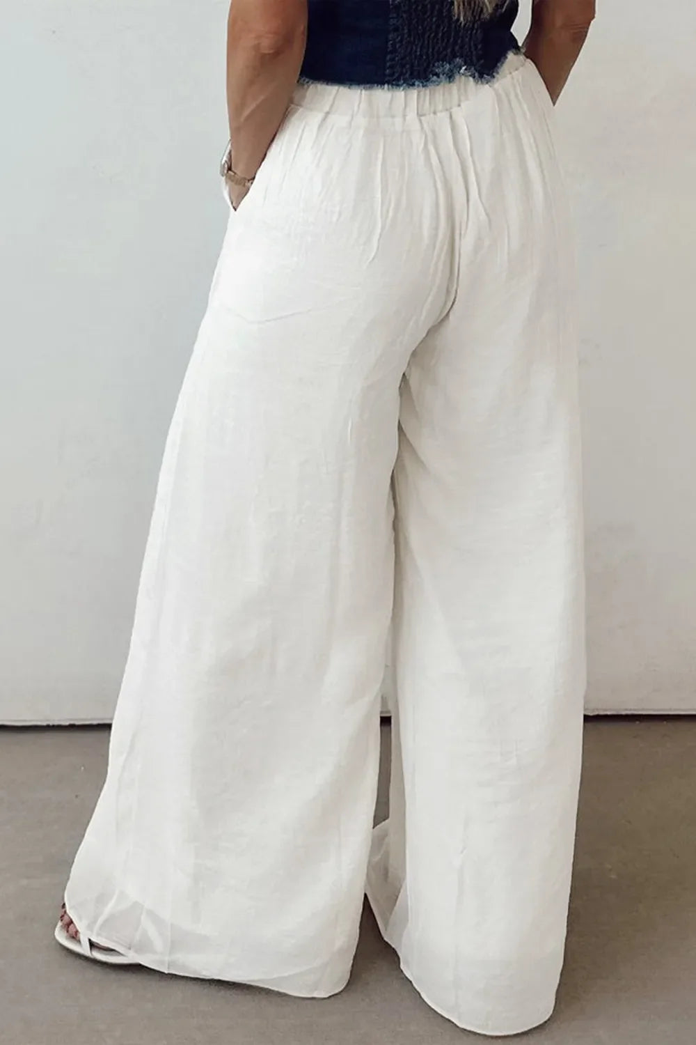 Damen Weite Leinenhose Weiß – Elastischer Bund, Kordelzug, Sommer, Freizeit, Urlaub — Image 3