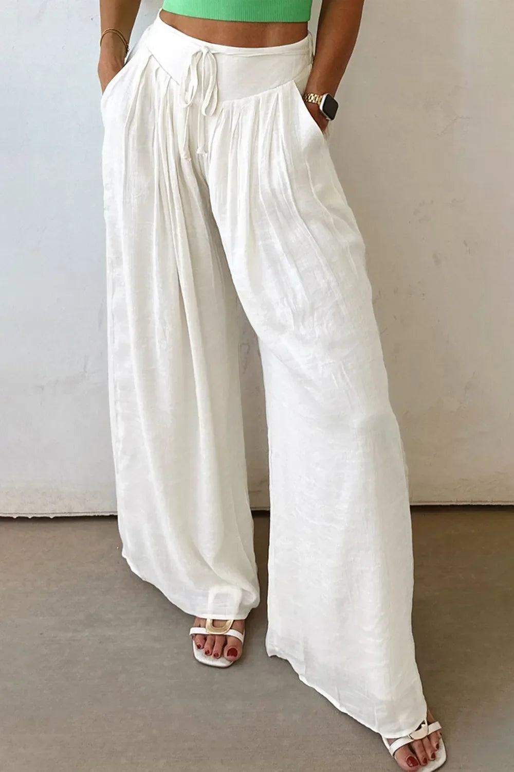 Damen Weite Leinenhose Weiß – Elastischer Bund, Kordelzug, Sommer, Freizeit, Urlaub — Main Image