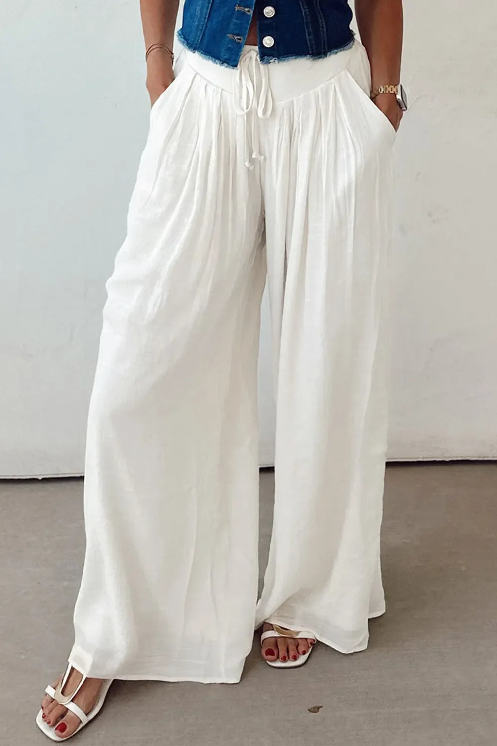 Damen Weite Leinenhose Weiß – Elastischer Bund, Kordelzug, Sommer, Freizeit, Urlaub — Image 2