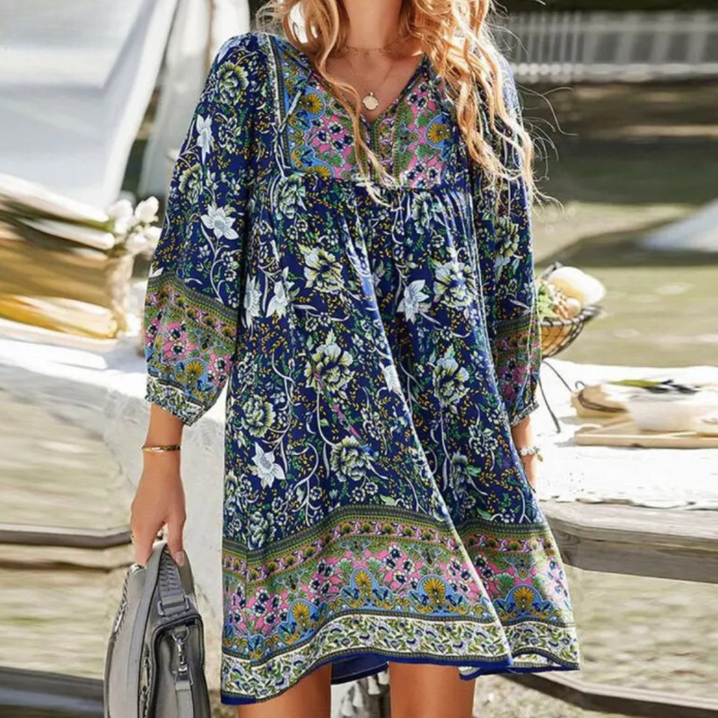 Boho Damenkleid mit Blumenmuster und 3/4 Ärmeln, ideal für Sommer — Main Image