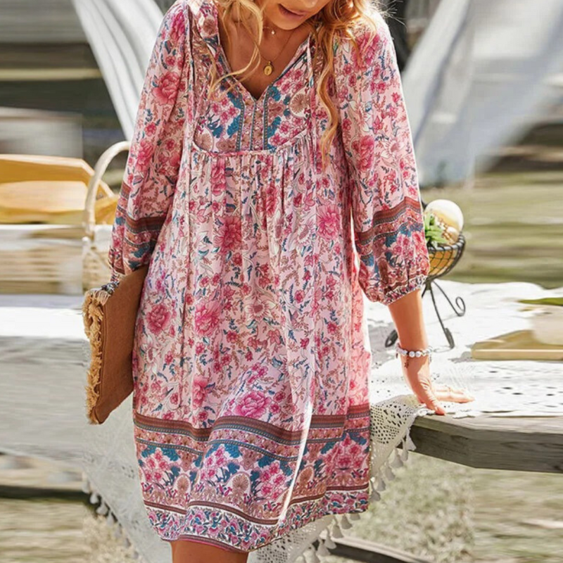 Boho Damenkleid mit Blumenmuster und 3/4 Ärmeln, ideal für Sommer — Image 2
