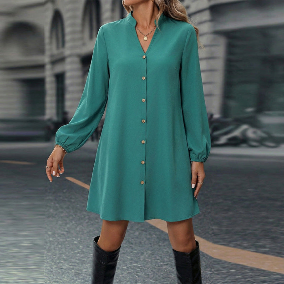 Marke Damenkleid mit Knopfleiste und langen Ärmeln, grün — Main Image