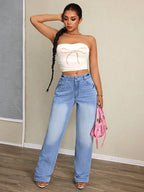 Damen High Waist Wide Leg Jeans Blau Denim Freizeit Lässig — Main Image