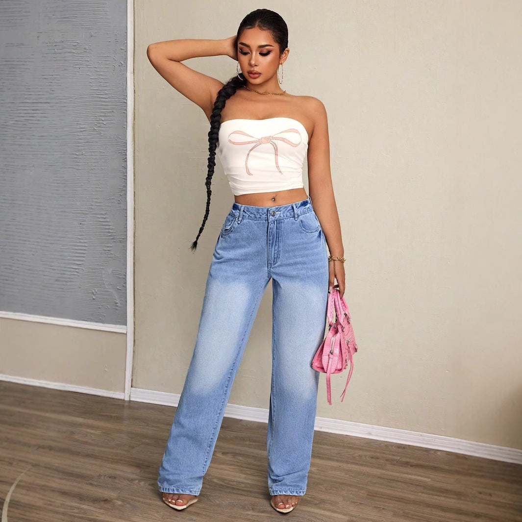 Damen High Waist Wide Leg Jeans Blau Denim Freizeit Lässig — Image 2