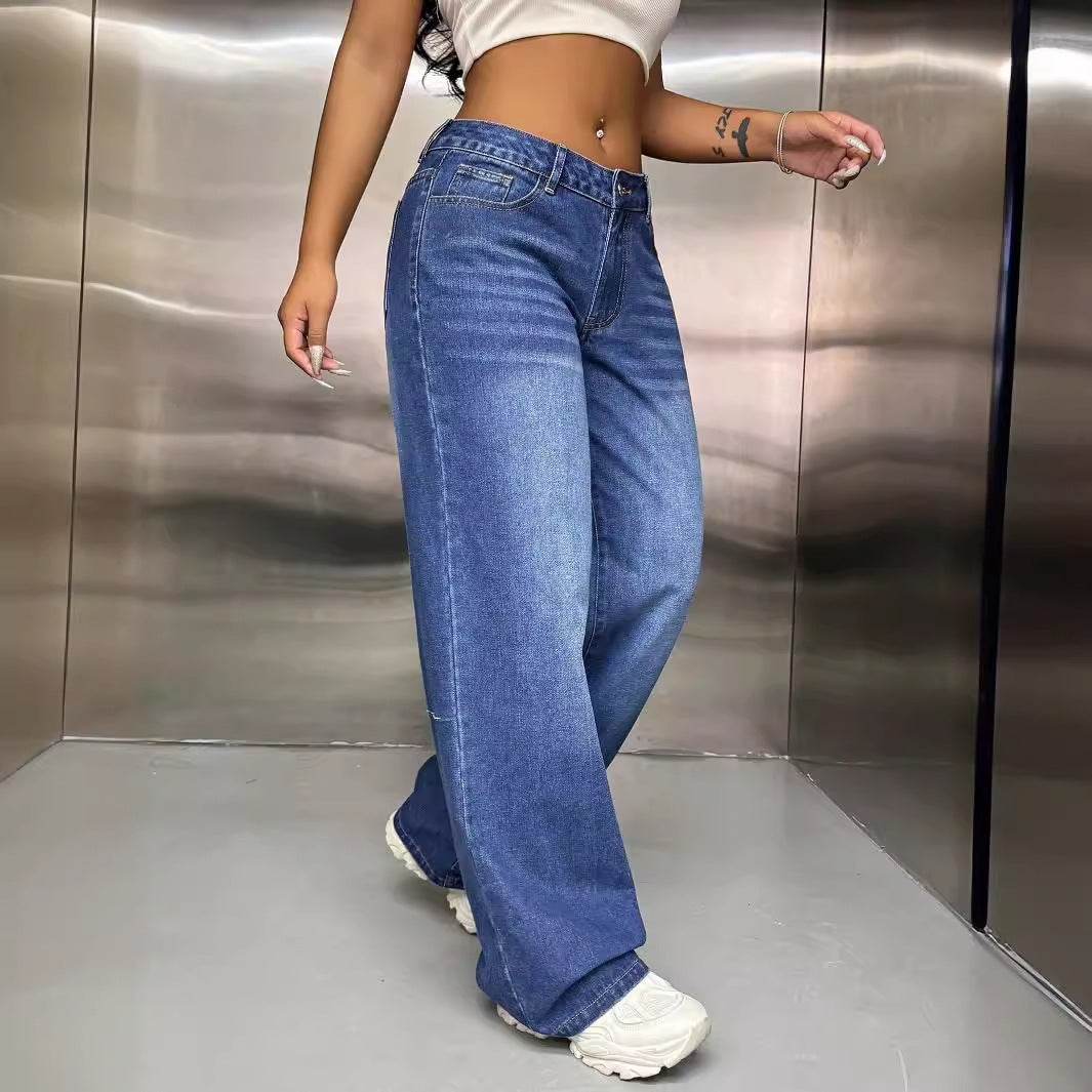Damen Weite Jeanshose Blau Denim Retro-Stil Bequem Freizeit — Image 3