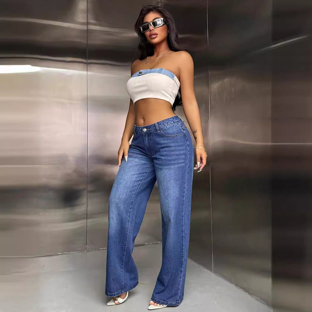 Damen Weite Jeanshose Blau Denim Retro-Stil Bequem Freizeit — Image 4