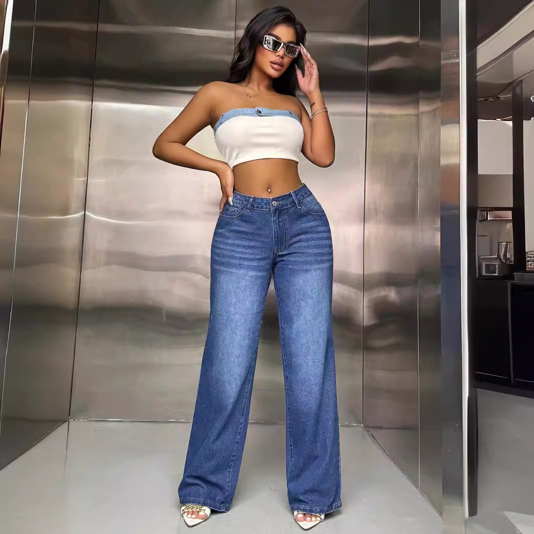 Damen Weite Jeanshose Blau Denim Retro-Stil Bequem Freizeit — Image 5