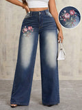 Damen Weite Jeans Blumenstickerei Blau Denim Vintage — Main Image