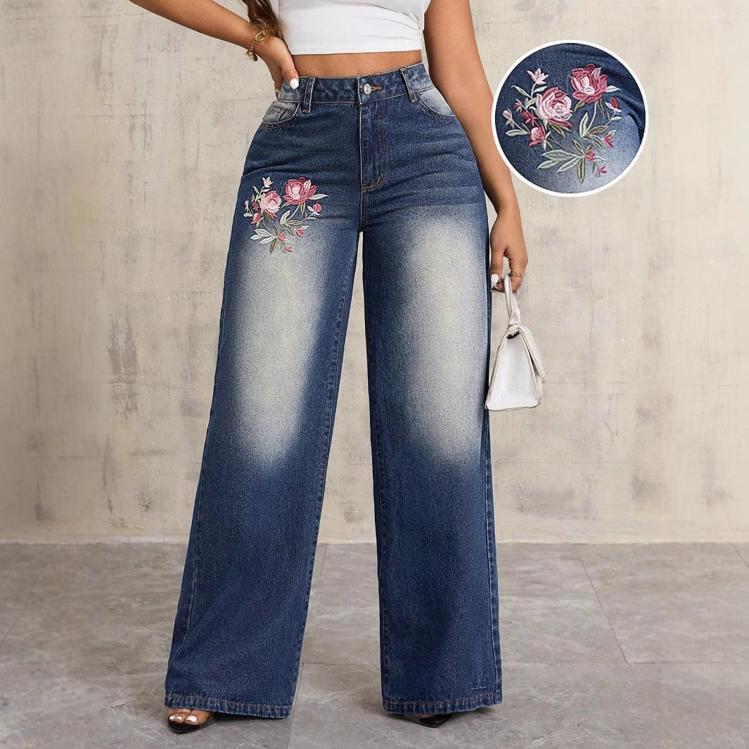 Damen Weite Jeans Blumenstickerei Blau Denim Vintage — Image 2