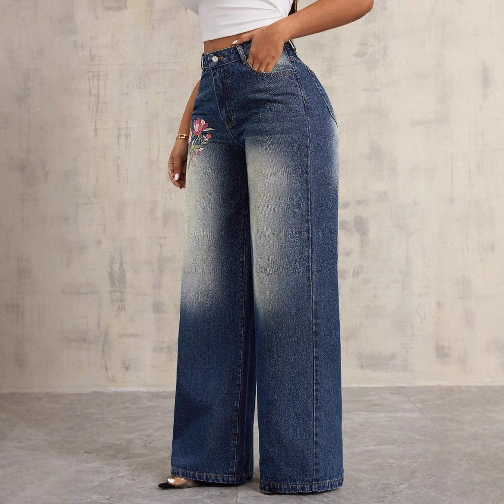 Damen Weite Jeans Blumenstickerei Blau Denim Vintage — Image 3