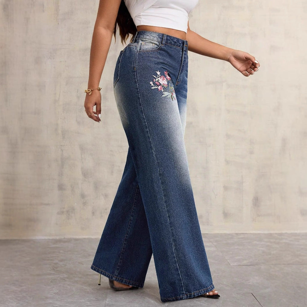 Damen Weite Jeans Blumenstickerei Blau Denim Vintage — Image 4