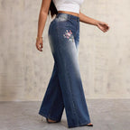 Damen Weite Jeans Blumenstickerei Blau Denim Vintage — Image 4