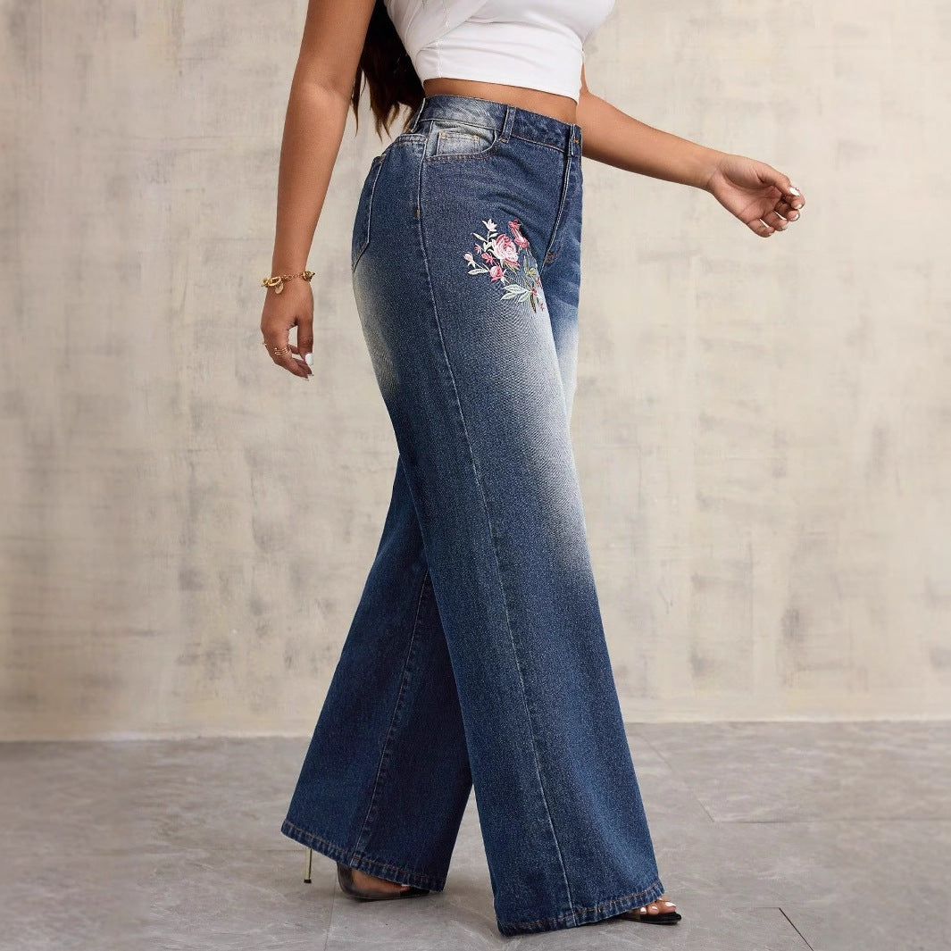Damen Weite Jeans Blumenstickerei Blau Denim Vintage — Image 4