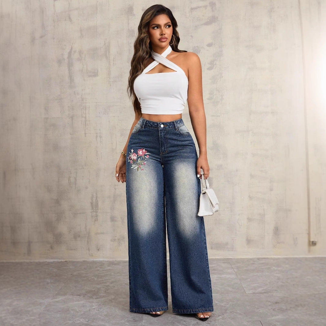 Damen Weite Jeans Blumenstickerei Blau Denim Vintage — Image 5