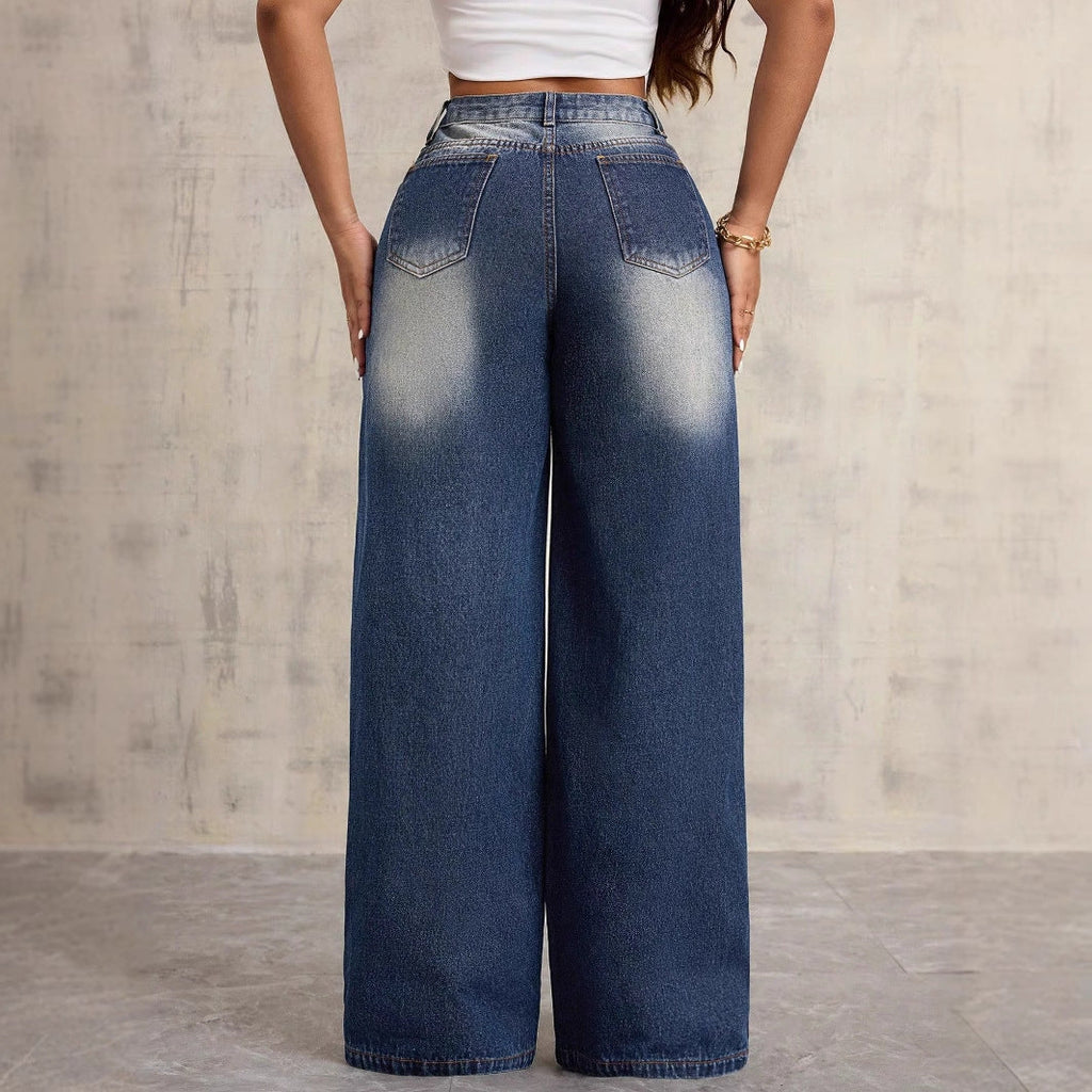 Damen Weite Jeans Blumenstickerei Blau Denim Vintage — Image 6
