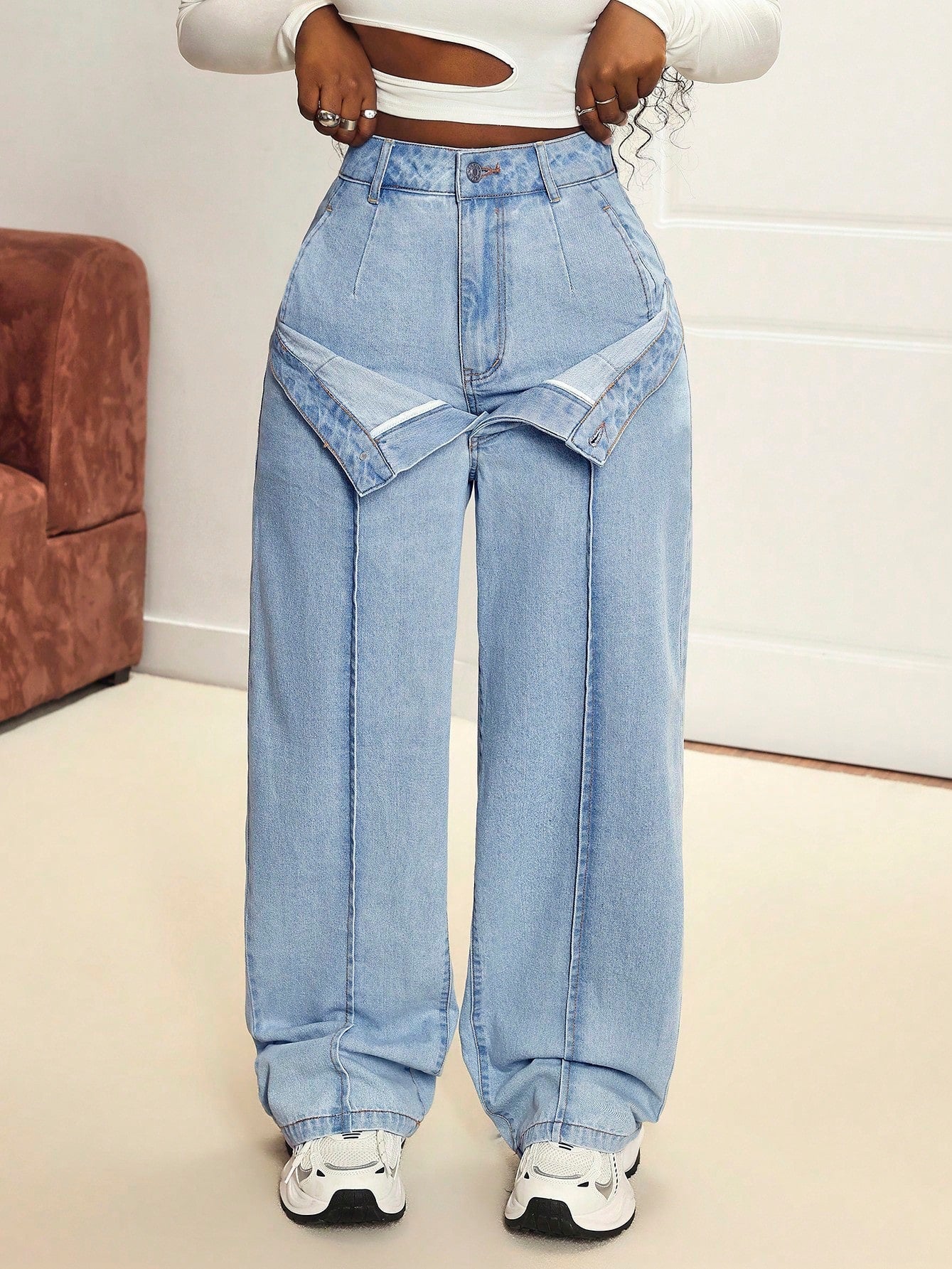 Damen Weite Jeanshose Hoch tailliert Bequemer Denim Lässiger Stil Light Blue — Main Image