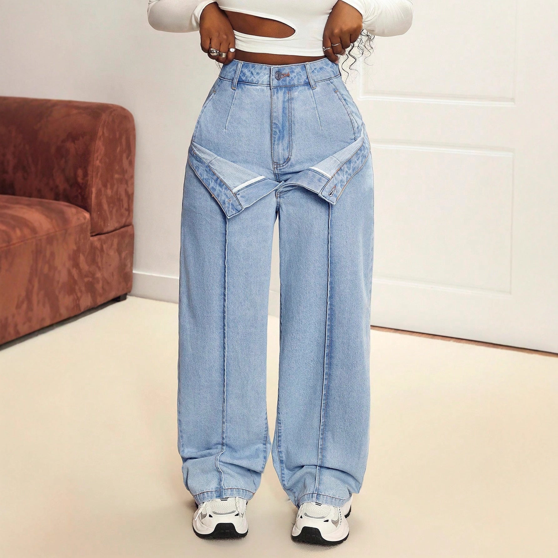 Damen Weite Jeanshose Hoch tailliert Bequemer Denim Lässiger Stil Light Blue — Image 2