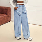 Damen Weite Jeanshose Hoch tailliert Bequemer Denim Lässiger Stil Light Blue — Image 3