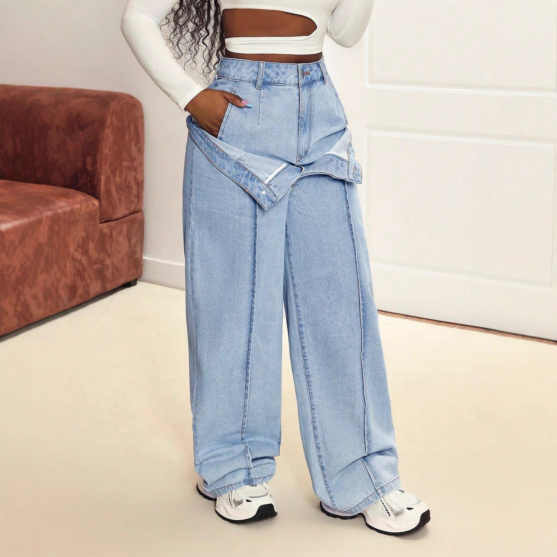 Damen Weite Jeanshose Hoch tailliert Bequemer Denim Lässiger Stil Light Blue — Image 3