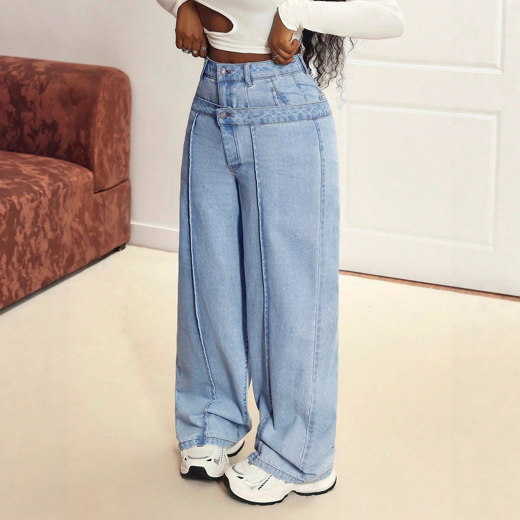 Damen Weite Jeanshose Hoch tailliert Bequemer Denim Lässiger Stil Light Blue — Image 4