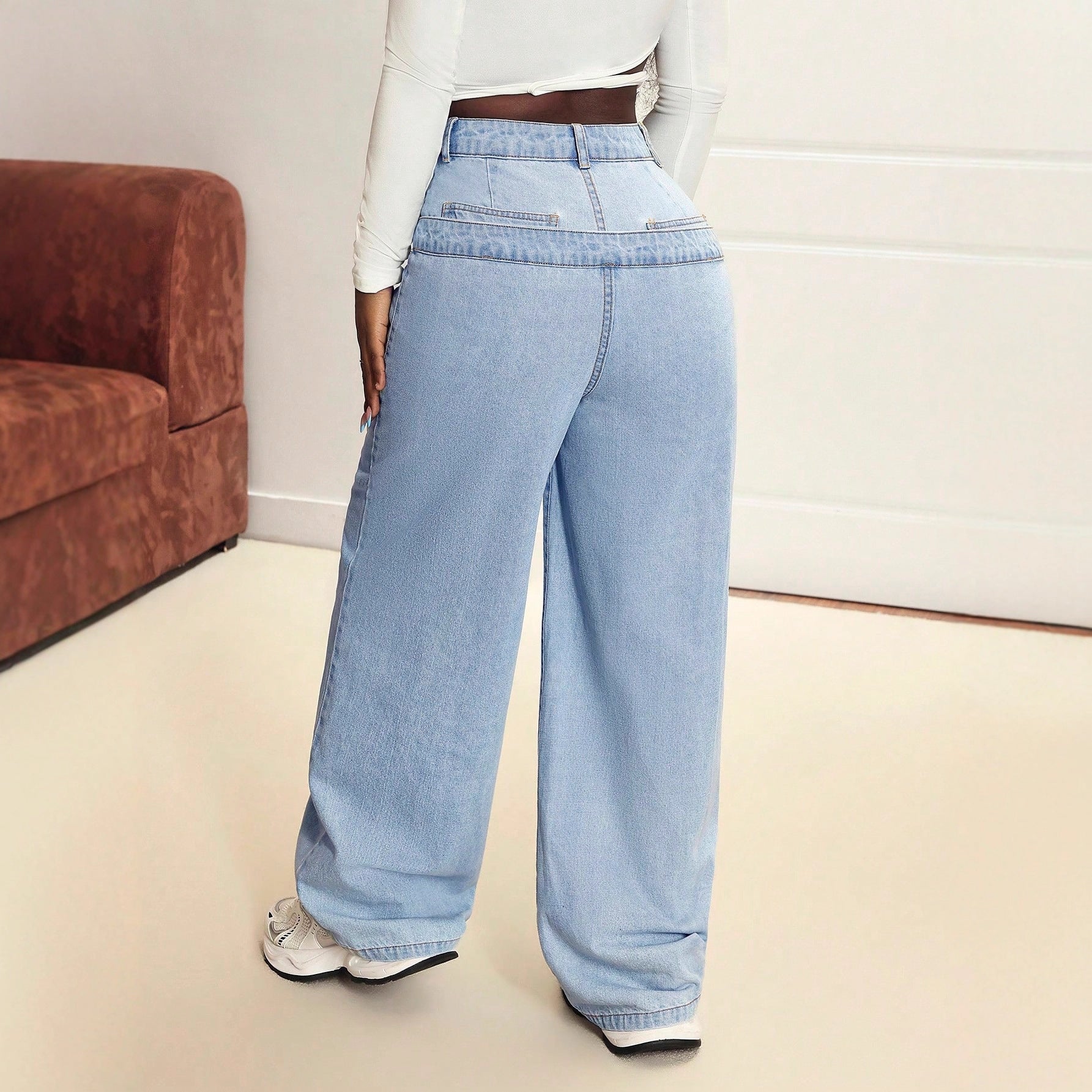 Damen Weite Jeanshose Hoch tailliert Bequemer Denim Lässiger Stil Light Blue — Image 5
