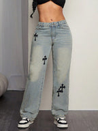 Damen Weite Jeans Kreuz-Print Blau Baumwoll-Denim — Main Image