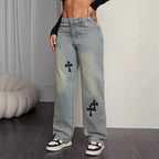Damen Weite Jeans Kreuz-Print Blau Baumwoll-Denim — Image 4