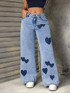 Damen Weite Jeans Herzmuster Denim Blau Freizeit Lässig — Main Image