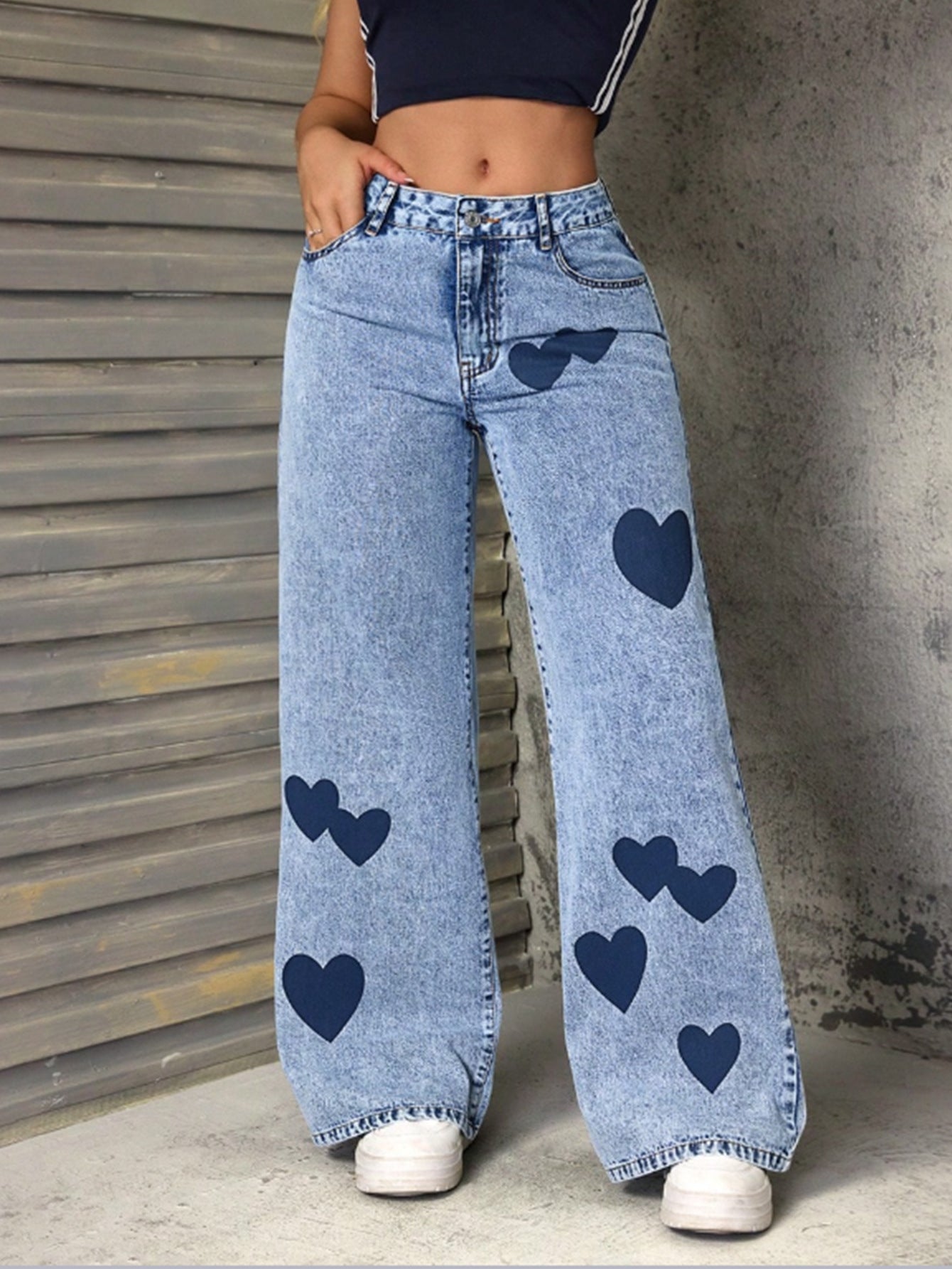 Damen Weite Jeans Herzmuster Denim Blau Freizeit Lässig — Main Image