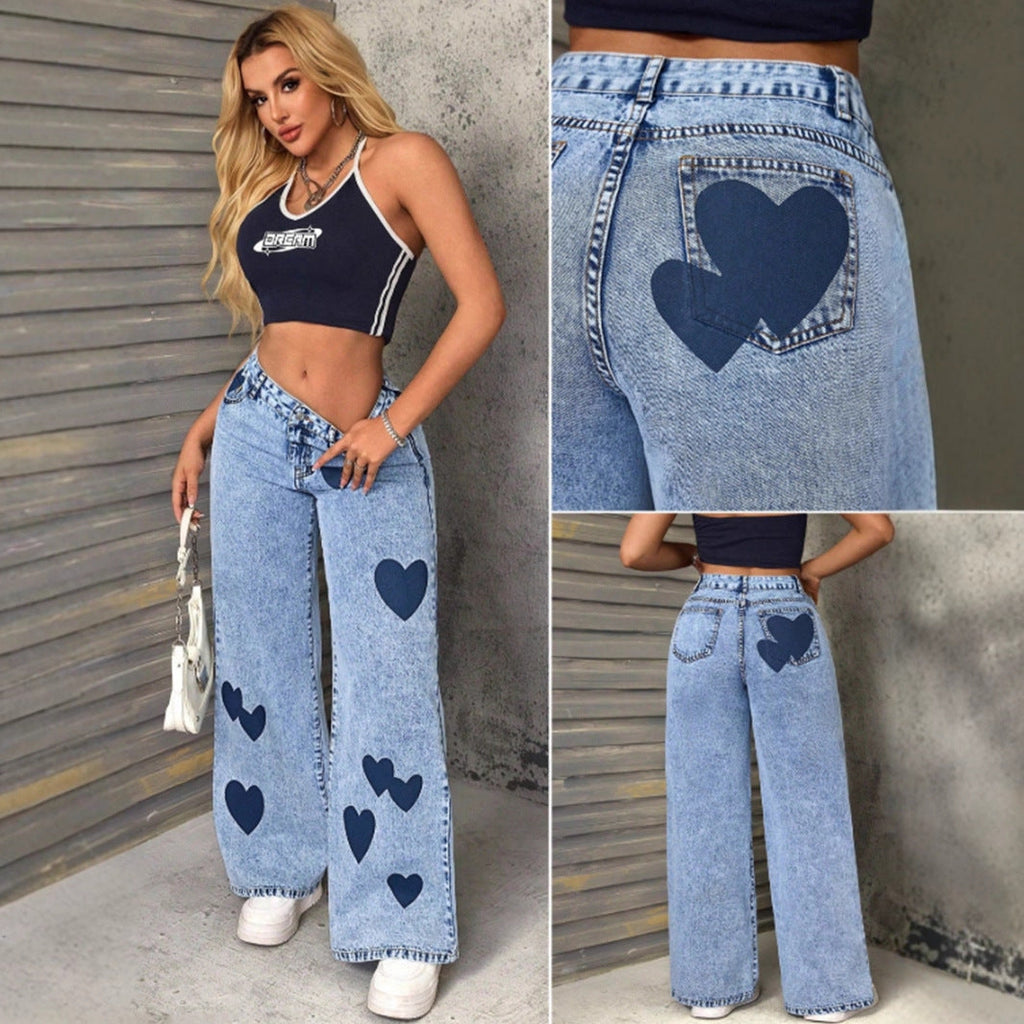 Damen Weite Jeans Herzmuster Denim Blau Freizeit Lässig — Image 2