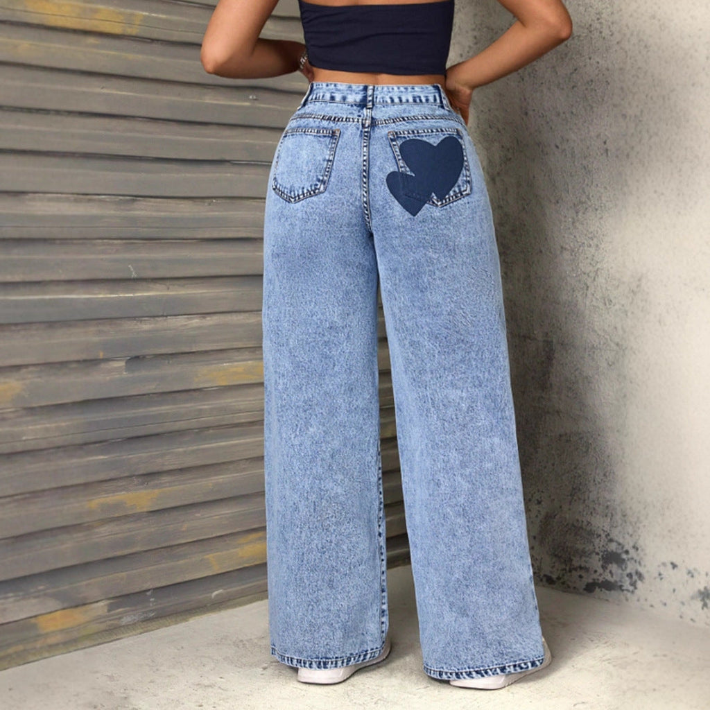 Damen Weite Jeans Herzmuster Denim Blau Freizeit Lässig — Image 3