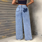Damen Weite Jeans Herzmuster Denim Blau Freizeit Lässig — Image 3
