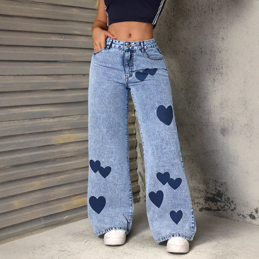 Damen Weite Jeans Herzmuster Denim Blau Freizeit Lässig — Image 4