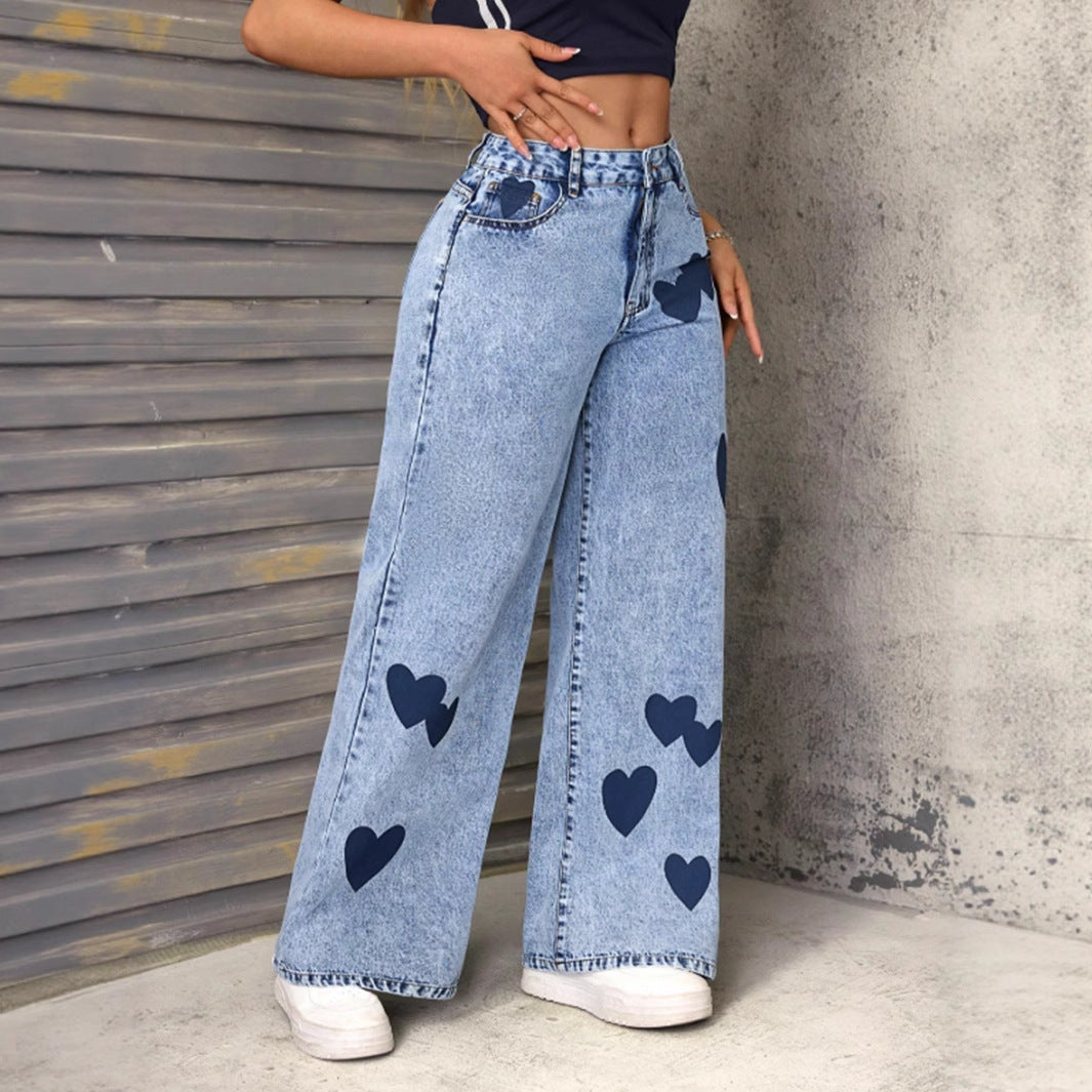 Damen Weite Jeans Herzmuster Denim Blau Freizeit Lässig — Image 5