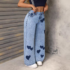 Damen Weite Jeans Herzmuster Denim Blau Freizeit Lässig — Image 6