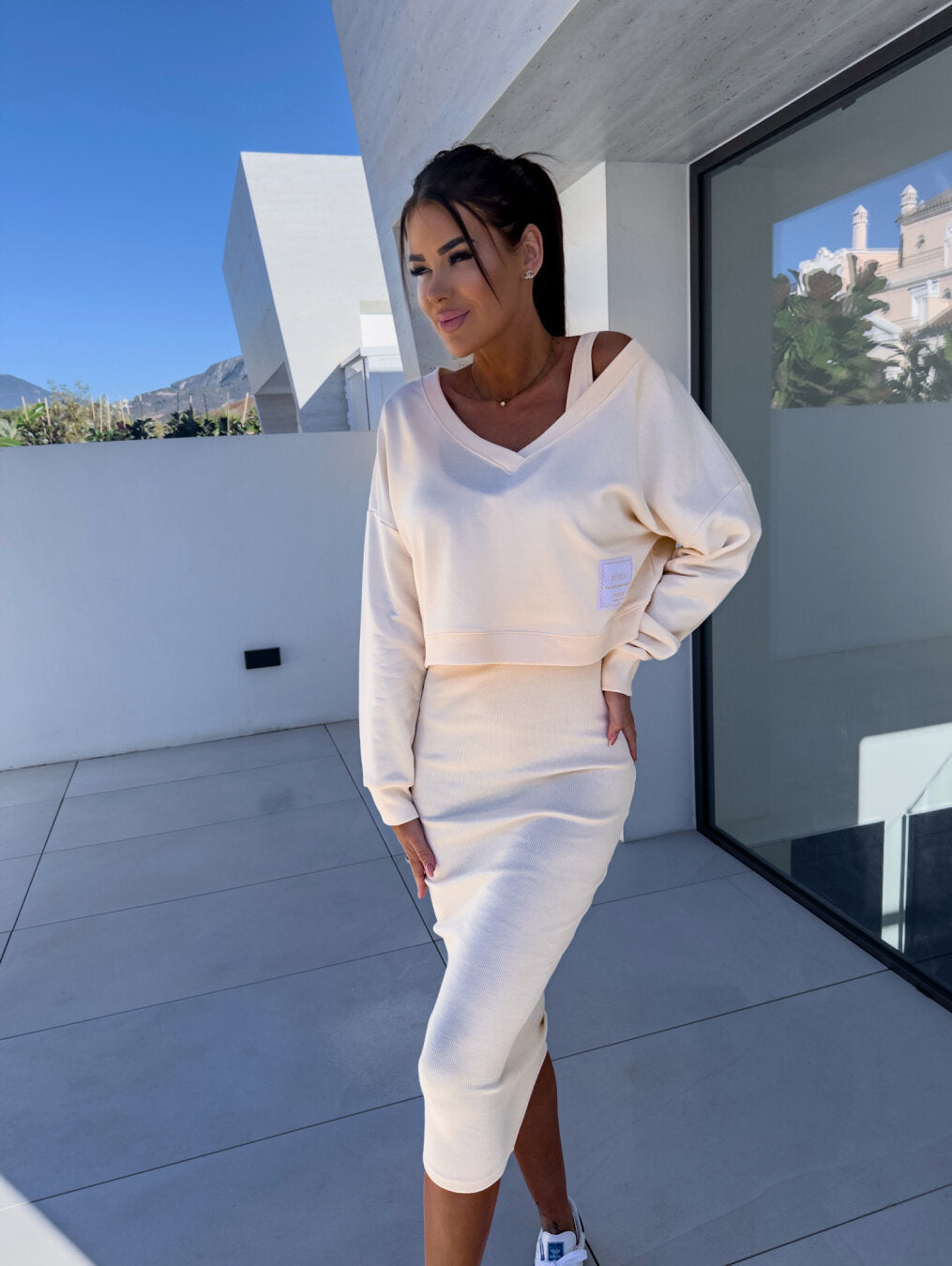 Brandname Two-Piece Knitted Midi Skirt Set with V-Neck Top in Various Colors — Image 2