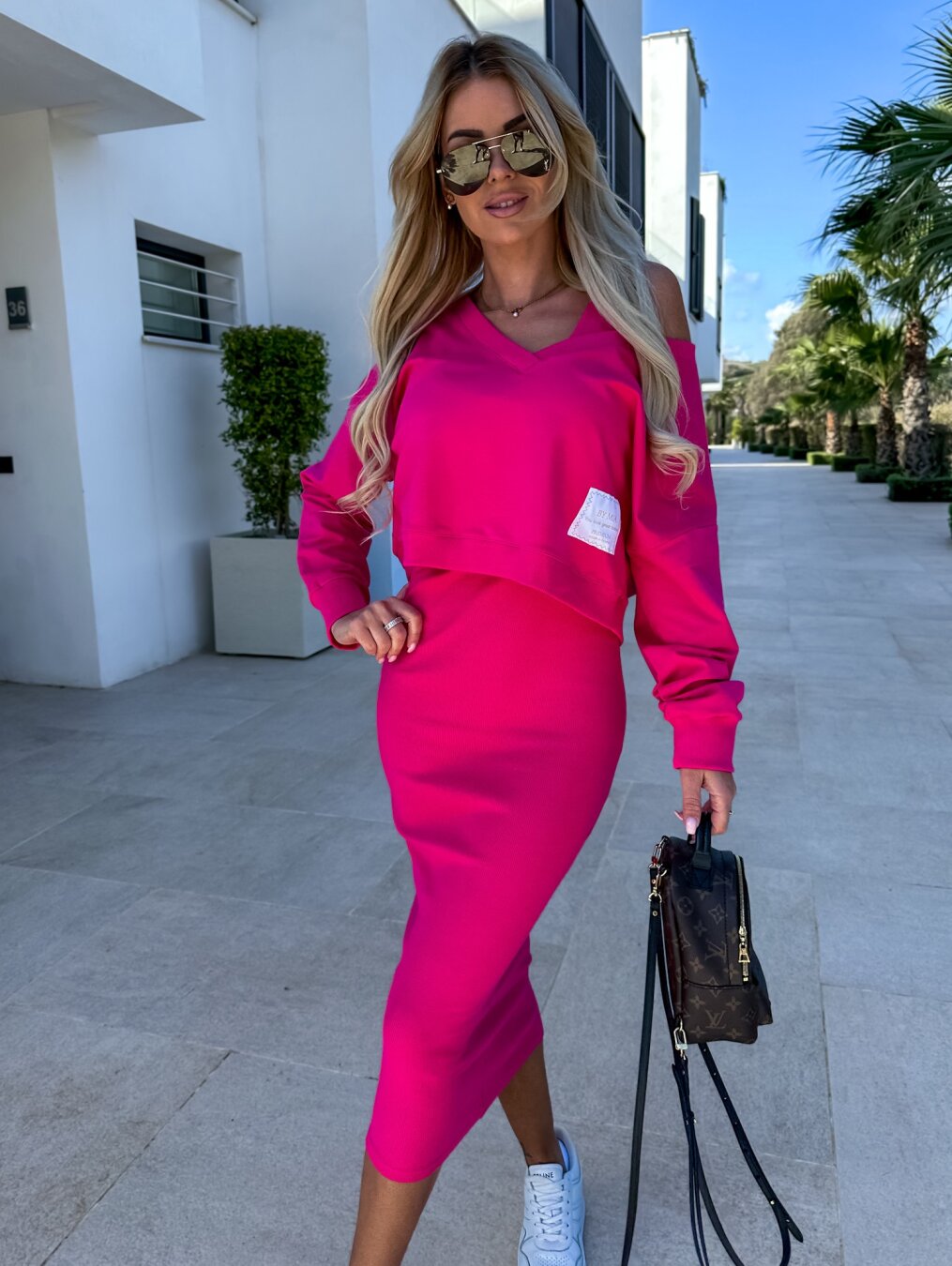Brandname Two-Piece Knitted Midi Skirt Set with V-Neck Top in Various Colors — Image 9