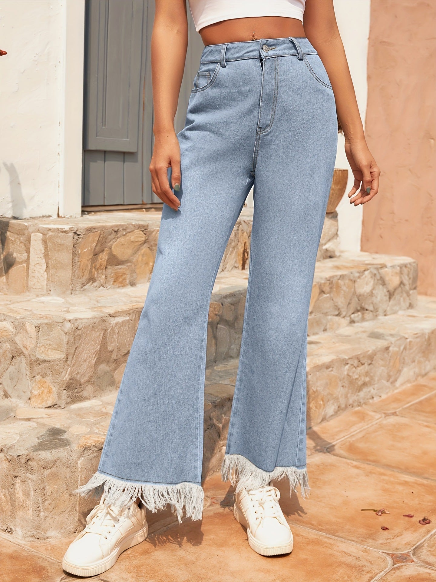 Damen Schlaghose Fransen Jeans Blau Baumwollmischung — Main Image
