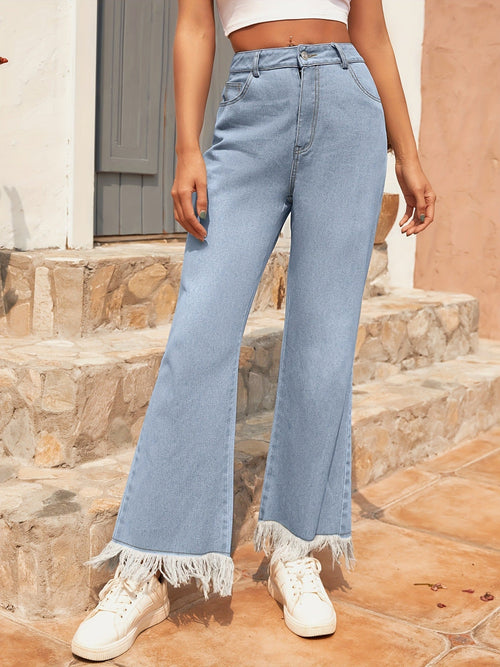Damen Schlaghose Fransen Jeans Blau Baumwollmischung — Main Image