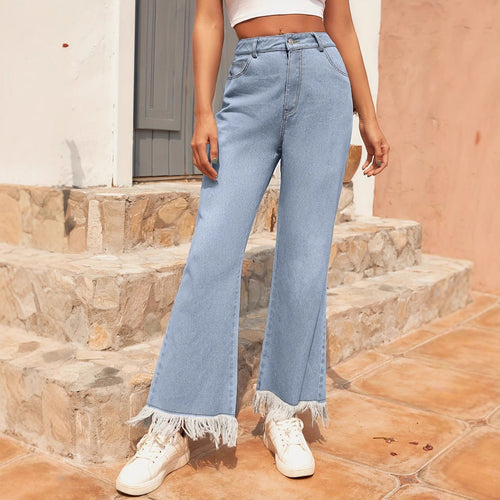 Damen Schlaghose Fransen Jeans Blau Baumwollmischung — Image 2