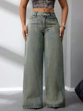 Damen Weite Jeans Hoher Bund Blau Denim Hose Bequem Modisch — Main Image