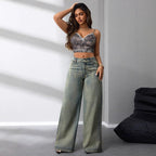 Damen Weite Jeans Hoher Bund Blau Denim Hose Bequem Modisch — Image 3
