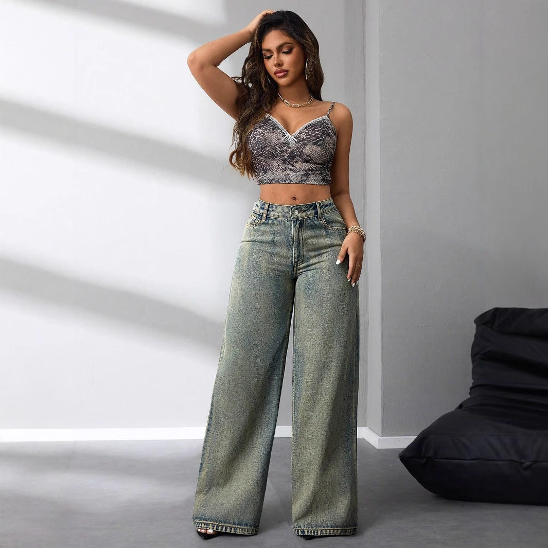 Damen Weite Jeans Hoher Bund Blau Denim Hose Bequem Modisch — Image 3