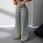 Damen Weite Jeans Hoher Bund Blau Denim Hose Bequem Modisch — Image 4