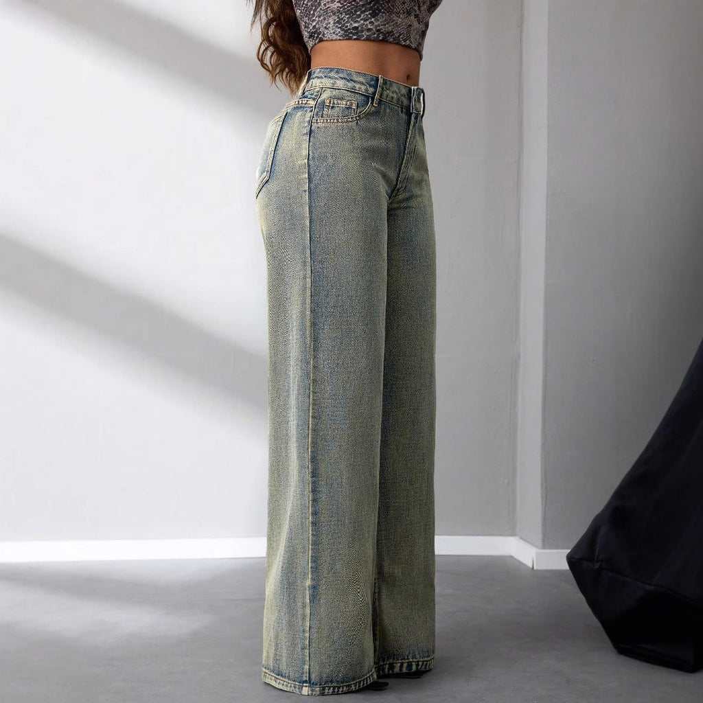 Damen Weite Jeans Hoher Bund Blau Denim Hose Bequem Modisch — Image 5