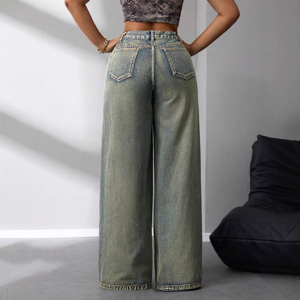 Damen Weite Jeans Hoher Bund Blau Denim Hose Bequem Modisch — Image 6