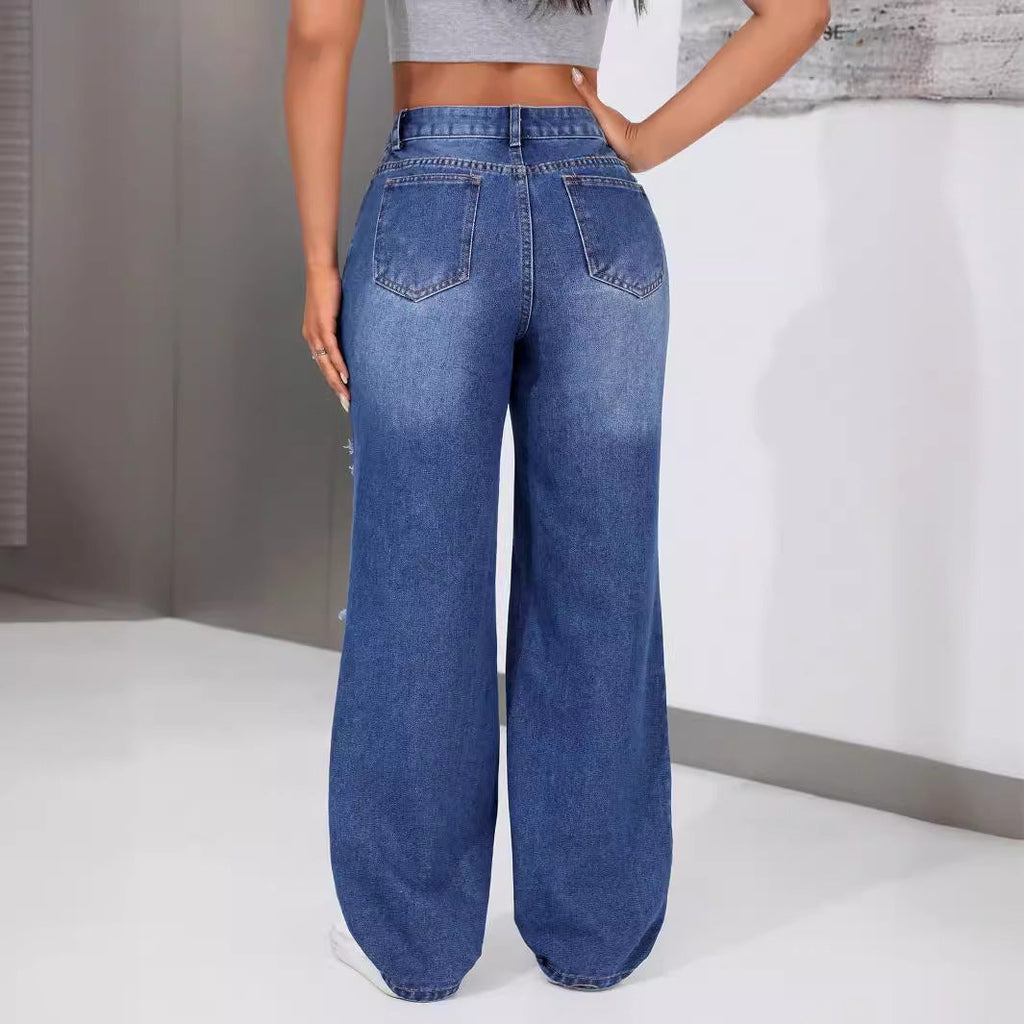 Damen High Waist Jeans Zerrissen Weites Bein Denim Blau — Image 6